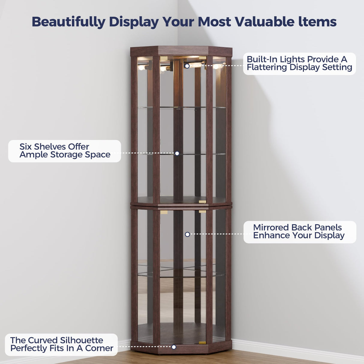 Trygoal Lighted 3-Side Glass Display Curio Cabinet, Corner China Cabinet with Tempered Glass Doors, Wooden Display Case with Light Bulb for Living Room, Dark Cherry Trygoal