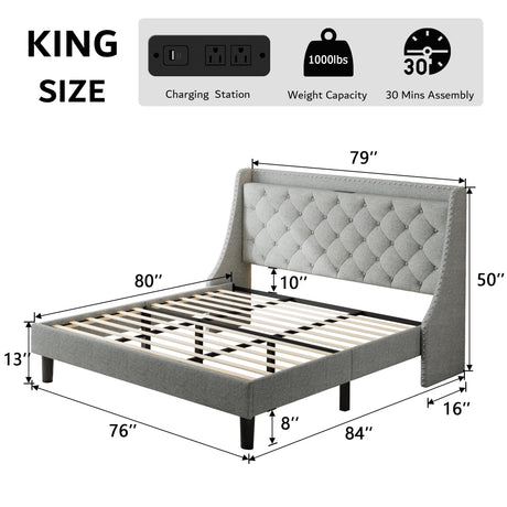 iPormis Deluxe Wingback King Bed Frame with USB Charging Ports & Storage Headboard in Light Grey iPormis
