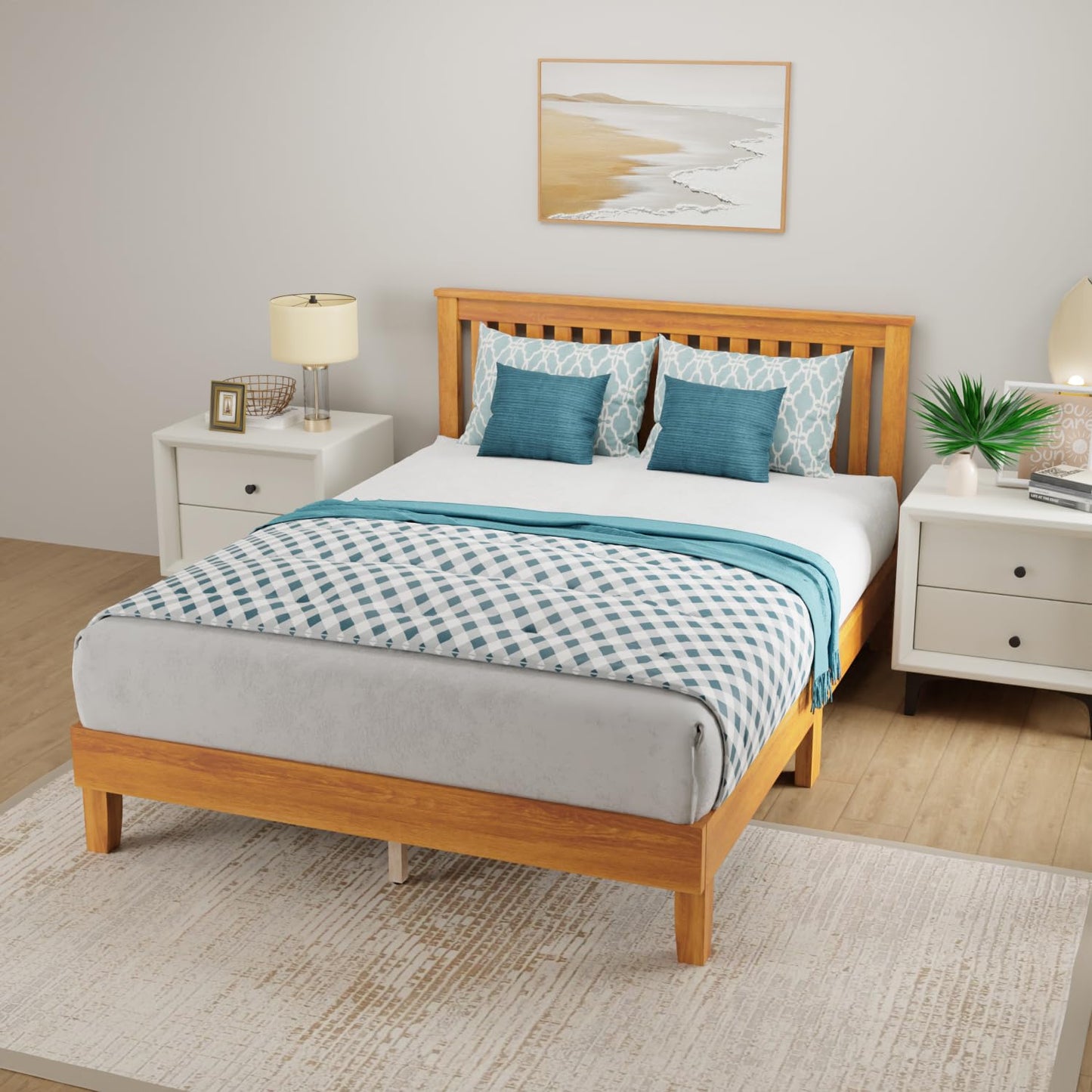 PayLessHere Solid Wood Platform Bed Frame with Headboard - Easy Assembly, No Box Spring Needed, Brown, Full Size - WoodArtSupply