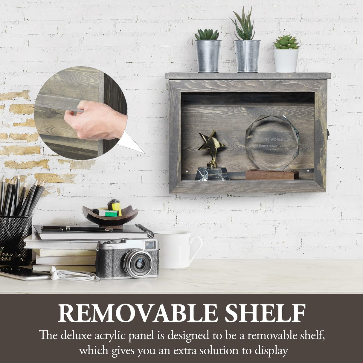 MyGift 15 x 11 inch Wall Mounted Vintage Gray Solid Wood Display Case, Hanging Shadow Box with Clear Viewing Panel on Hinged Door, Metal Latch and MyGift