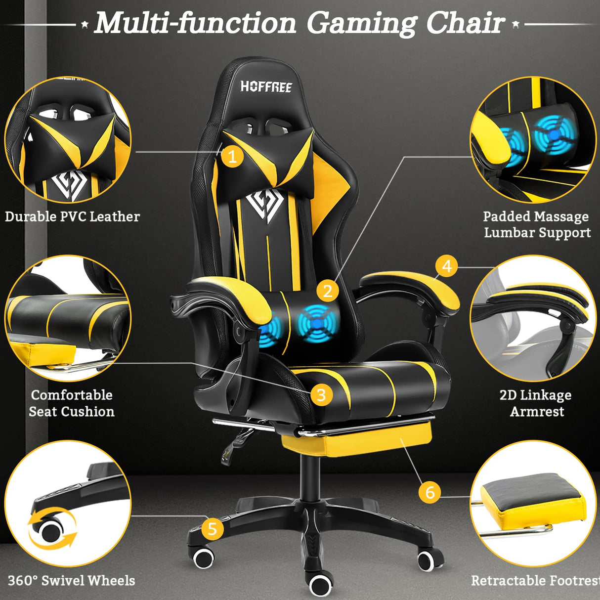 Gaming Chair with Bluetooth Speakers and LED RGB Lights Ergonomic Massage Computer Gaming Chair with Footrest High Back Music Video Game Chair with Lumbar Support Yellow and Black VANSPACE