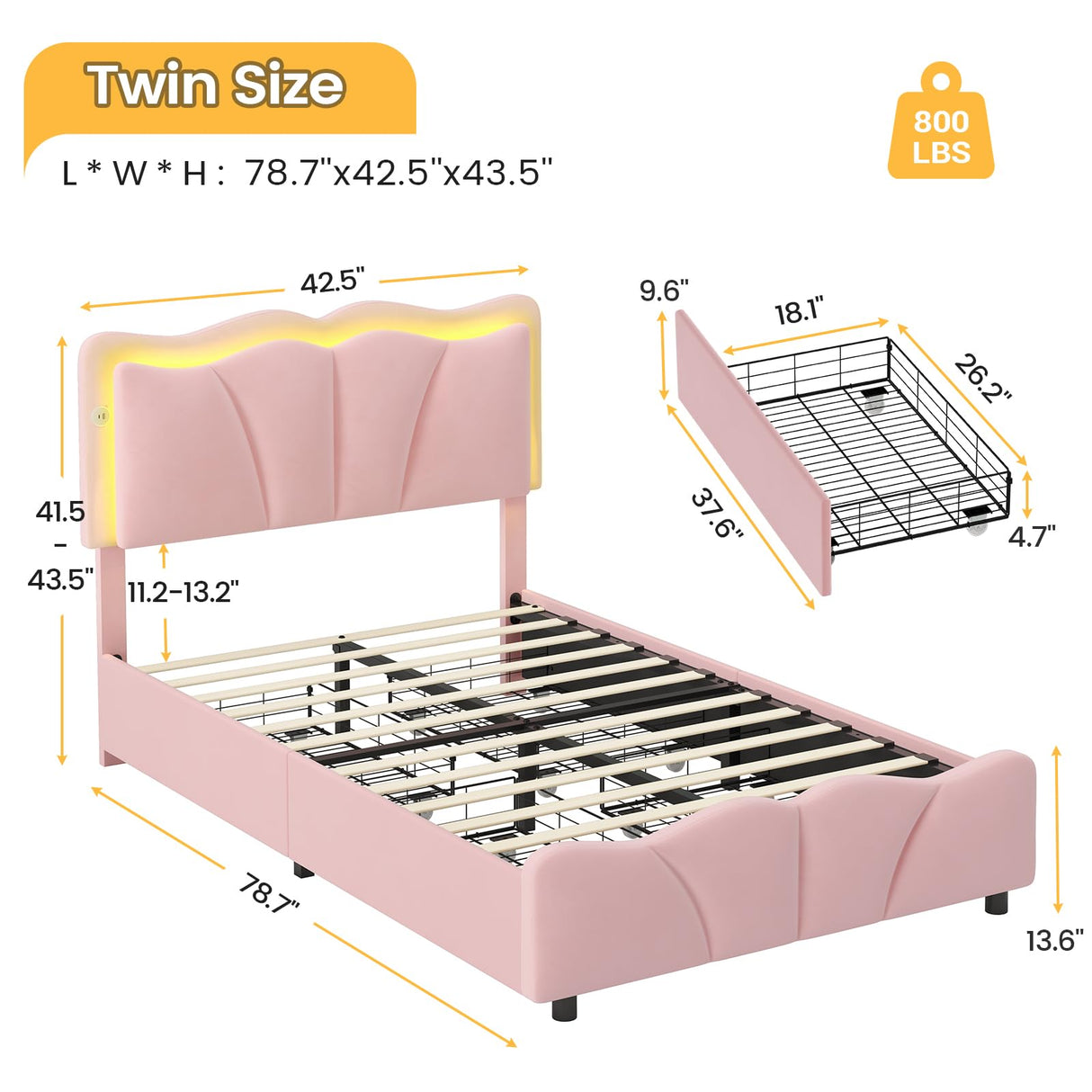 FORABAMB Twin Bed Frame with 4 Drawers, Upholstered LED Bed Frame with Adjustable Flowers Headboard, Platform Bed Frame Twin Size with Wooden Slats Support, No Box Spring Needed, Pink FORABAMB
