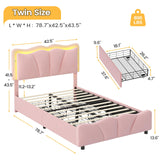 FORABAMB Twin Bed Frame with 4 Drawers, Upholstered LED Bed Frame with Adjustable Flowers Headboard, Platform Bed Frame Twin Size with Wooden Slats Support, No Box Spring Needed, Pink FORABAMB