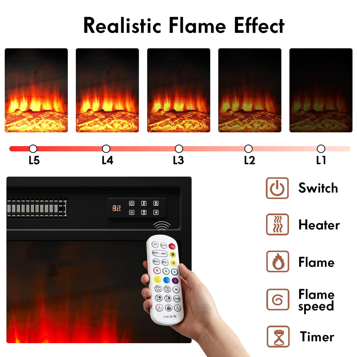 Fireplace TV Stand with 4 Fabric Drawers, TV Stand Dresser with Power Outlets and LED Lights, Fireplace Entertainment Center with Open Shelf for 43,50 Inch TV, for Living Room, Bedroom, Rustic Brown PUKAMI