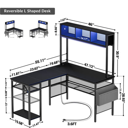 Unikito L-Shaped Computer Desk with RGB LED Lights, USB Ports, and Adjustable Storage Shelves - Black - WoodArtSupply