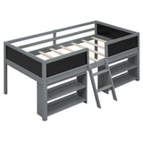 SOFTSEA Twin Size Low Loft Bed with Movable Shelves, Chalkboard, and Guardrail in Grey SOFTSEA