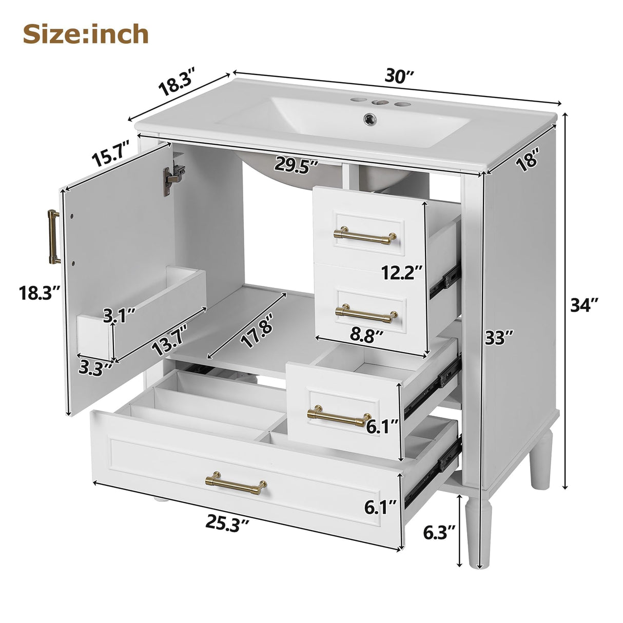 Sailret 30 Inch White Bathroom Vanity with Ceramic Sink, Soft Close Door, Adjustable U-Shaped Shelf, Drawer & Door Organizer, Modern Solid Wood Cabinet for Bathroom Storage Sailret