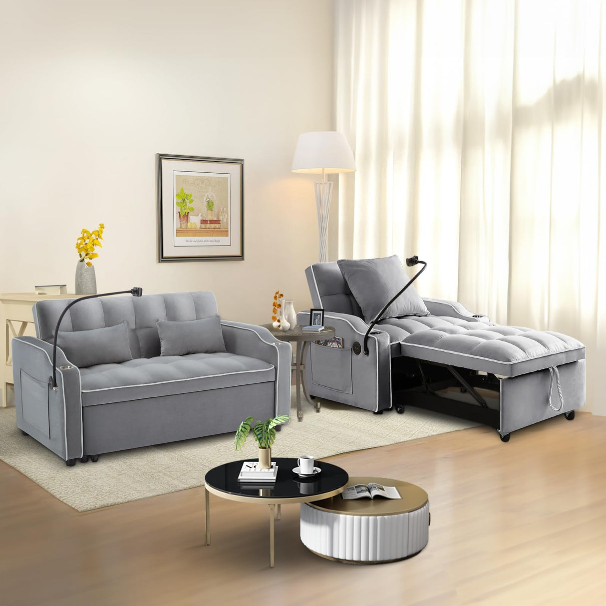 Sleeper Sofa Couch Bed with USB & Type C Port, Modern 3-in-1 Convertible Velvet Pull Out Loveseat Futon Sofa w/Phone Holder/Cup Holder for Living Room Apartment, Adjustable Backrest, Light Grey Antetek