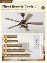 Farmhouse Ceiling Fans with Light, 48 Inch Bedroom Ceiling Fan with Lights, 6-Speed Adjustable, Quiet and Reversible DC Motor, 5 Dual Finish Blades, Rustic Caged Ceiling Fan，Oil Bronze Fanbulous