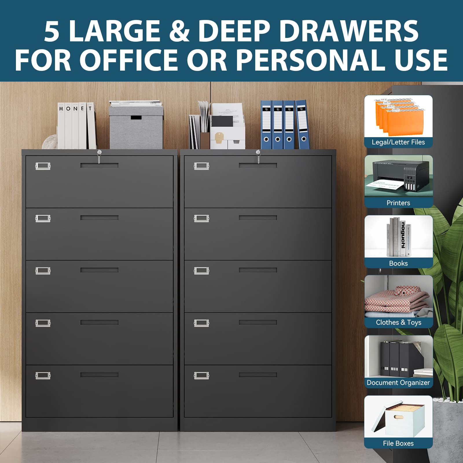 MIIIKO Lateral File Cabinet with Lock, 5 Drawer Metal File Cabinets 35.4" Wide, Home Office Locking Filing Cabinets for Legal Letter File Folders - WoodArtSupply