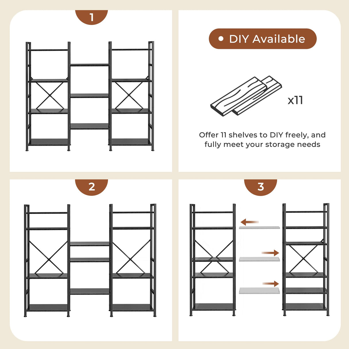SUPERJARE Triple 4 Tier Bookshelf, Bookcase with 11 Open Display Shelves, Wide Book Shelf Book Case for Home & Office, Black SUPERJARE