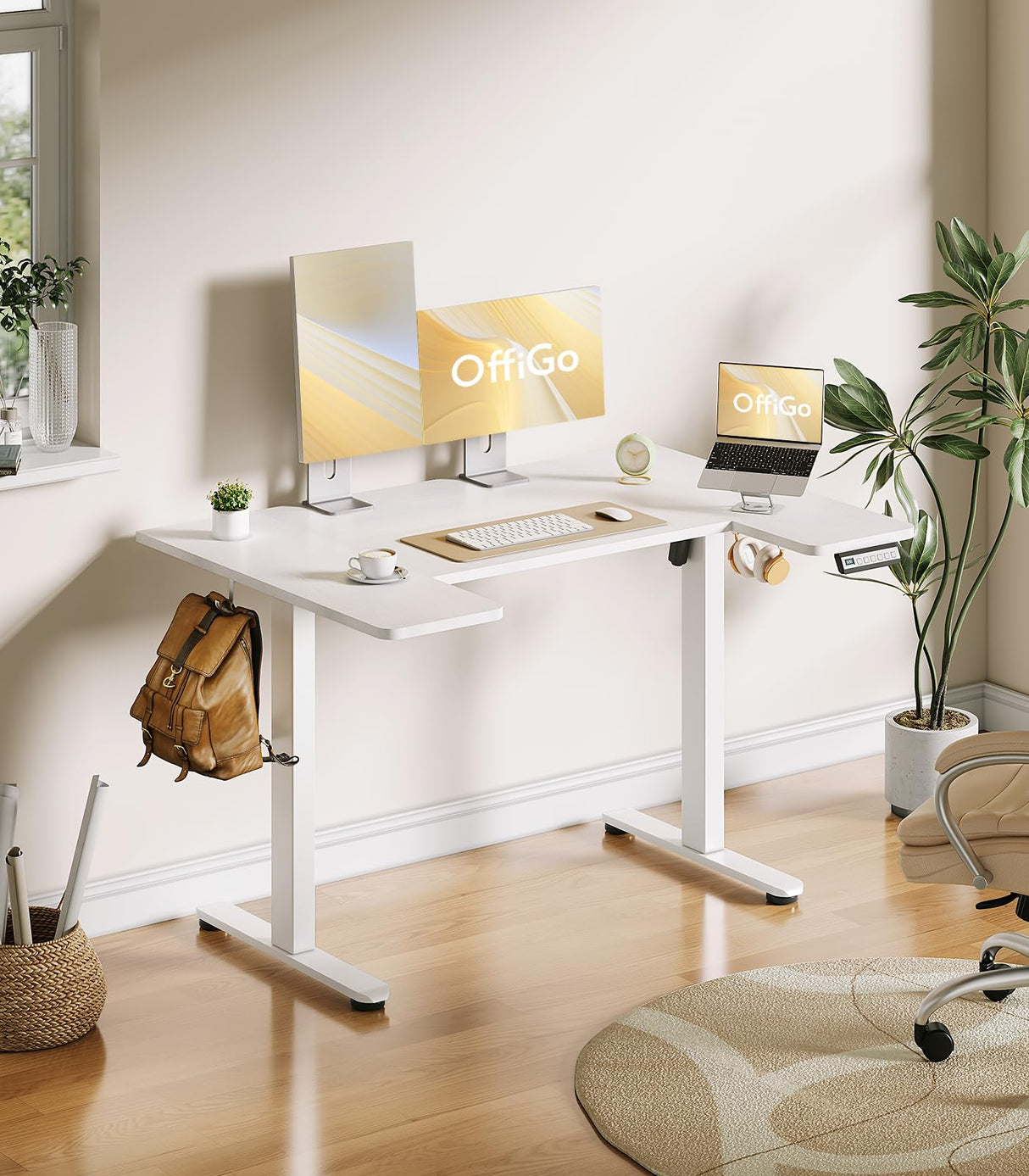 OffiGo U Shaped Electric Standing Desk, 48 Inch Height Adjustable Sit Stand Table, Writing Computer Desk for Home, Office, Workstation, White OffiGo