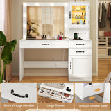 Quimoo Vanity Desk, Makeup Vanity with Lights, Large Mirror Vanity with 3 Drawers and 2 Cabinets, Vanity Table Set with Power Outlet and Glass Tabletop, for Bedroom (White) Quimoo