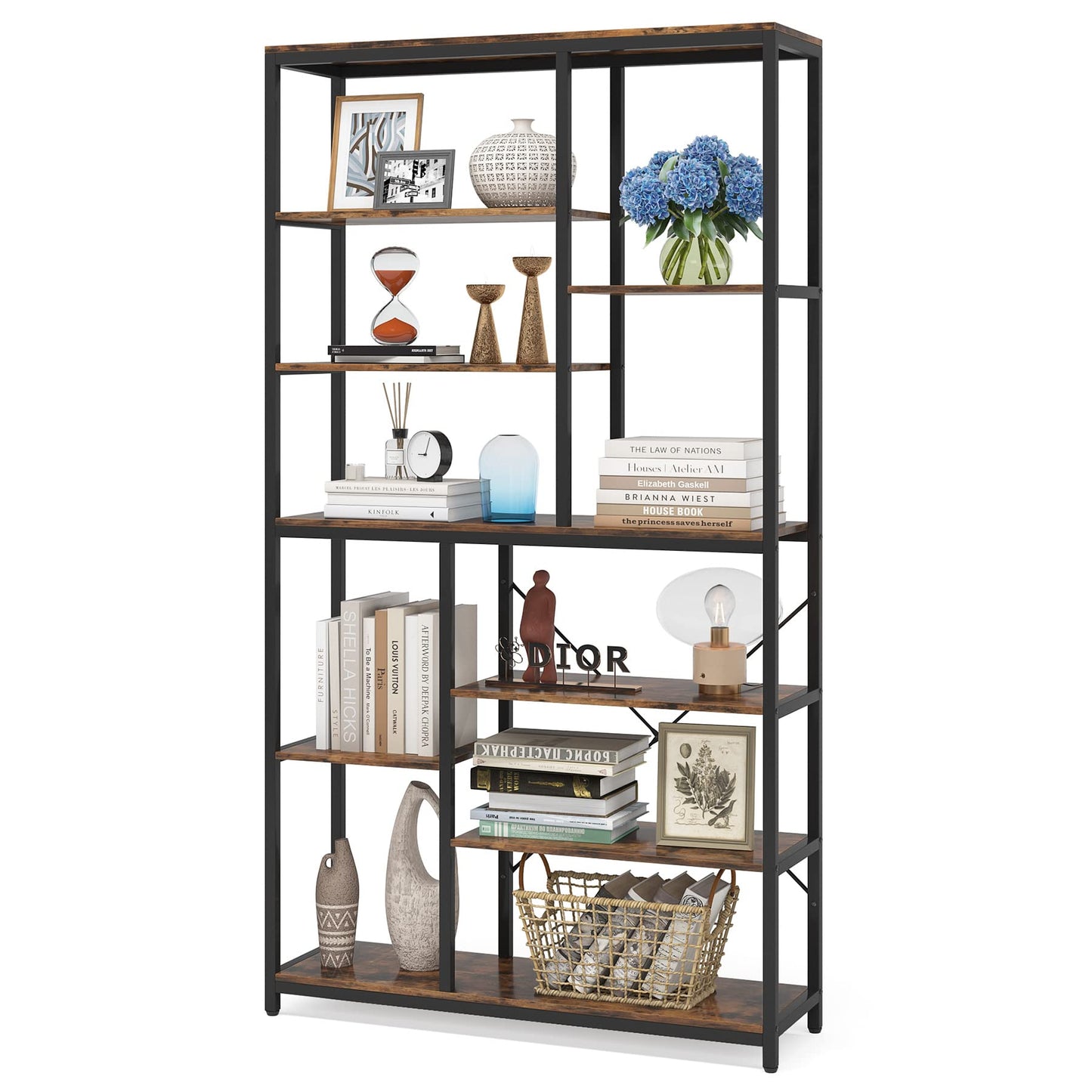 Tribesigns 79-Inch Tall Staggered 8-Tier Bookshelf in Black & Rustic Finish - WoodArtSupply