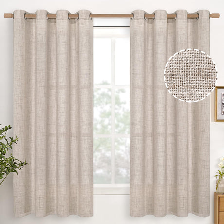 YoungsTex Linen Semi Sheer Curtains 63 Inch Length 2 Panels for Living Room - Light Filtering Drapes with Bronze Grommet Beige Window Treatments for Country Office Bedroom, 52 X 63 Inch YoungsTex