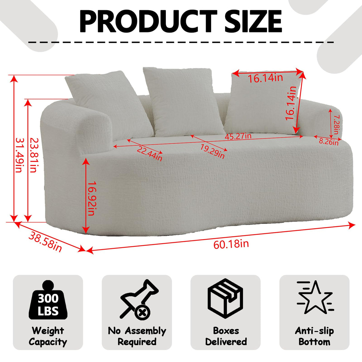 61" Curved Loveseat Sofa with 3 Pillows, Small Boneless Couch in a Box, Chenille Cloud Loveseat for Living Room Bedroom Small Space Apartment, Memory Foam, Modern, No Assembly (Green) Thctvous