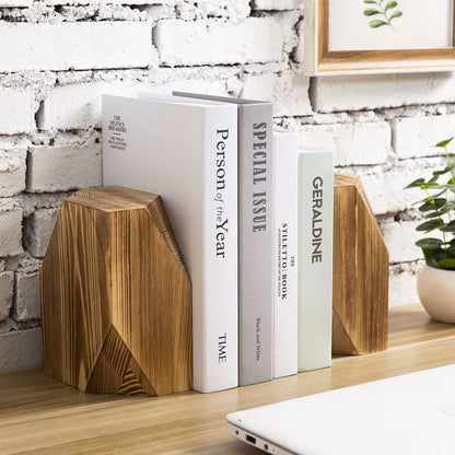 MyGift Rustic Burnt Solid Wood Geometric Style Bookends, Set of 2