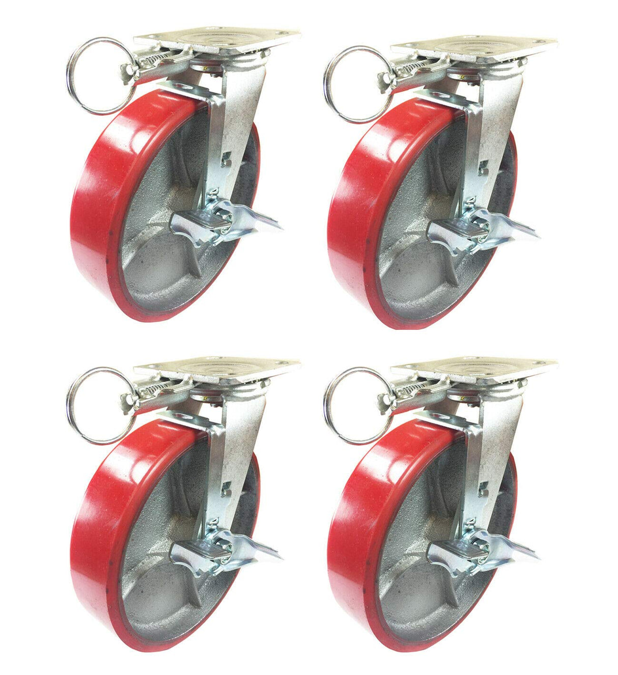 4 Casters Set 8" X 2" Swivel Lock Polyurethane on Cast Iron Wheels No Mark Red (4 Swivel Lock Side Break) for Toolbox or Workbench HYW