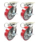 4 Casters Set 8" X 2" Swivel Lock Polyurethane on Cast Iron Wheels No Mark Red (4 Swivel Lock Side Break) for Toolbox or Workbench HYW