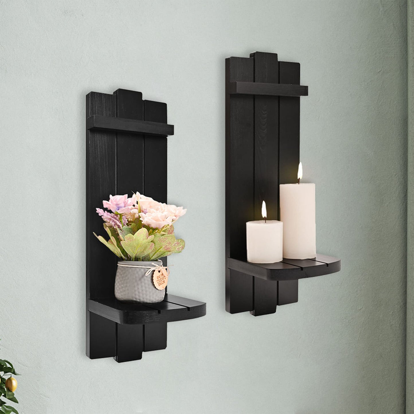 Yorkmills Sconces Wall Decor Set of 2, Wall Candle Holder Rustic Home Decor, Farmhouse Wall Art Floating Candle Sconces Shelf Black Wall Decorations for Living Room, Dining Room, Bedroom, Bathroom