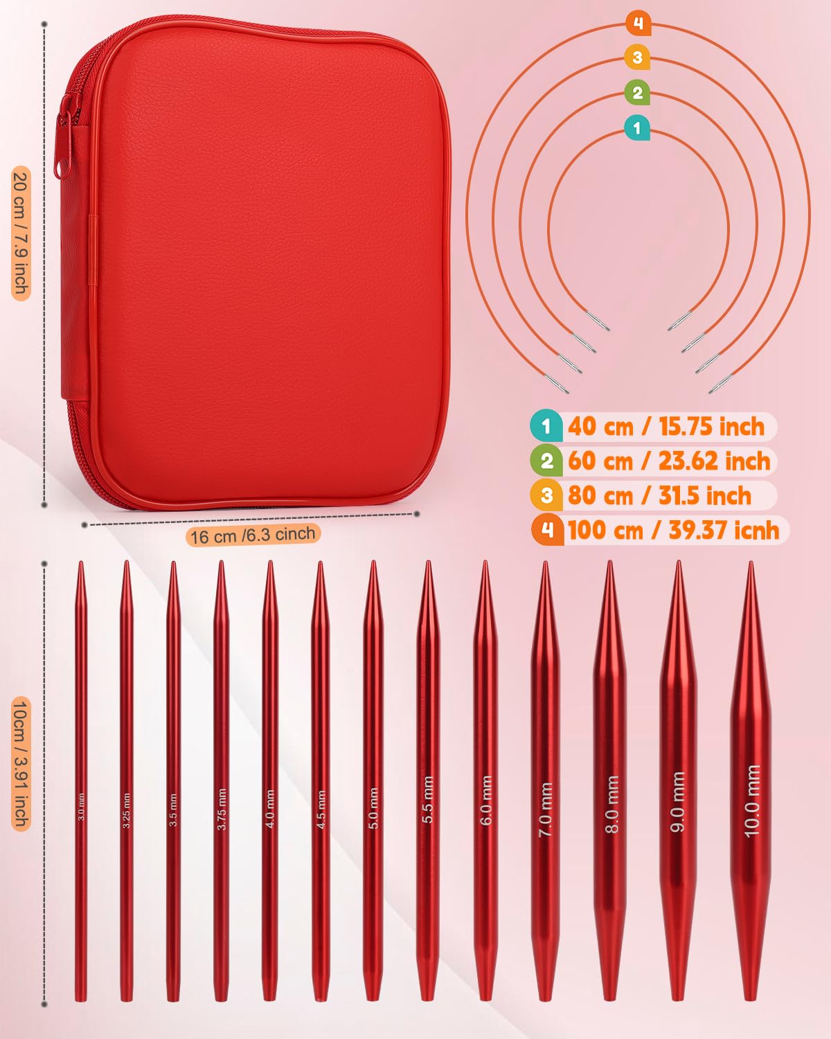 Interchangeable Knitting Needle Set with Circular Cable for Crafters, 13 Circular Knitting Needles with 4 Cable, 3-10 mm Aluminum Knitting Needles for Beginner, DIY Crafts, Red Needle Set Aeelike