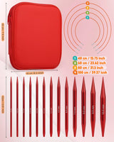 Interchangeable Knitting Needle Set with Circular Cable for Crafters, 13 Circular Knitting Needles with 4 Cable, 3-10 mm Aluminum Knitting Needles for Beginner, DIY Crafts, Red Needle Set Aeelike