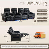 Luxury Home Theater Seating – Power Recliner with Adjustable Headrests, Blue LED Ambient Lighting, Tray Table, USB & Type-C Charging (4 Seat) CALIVIA