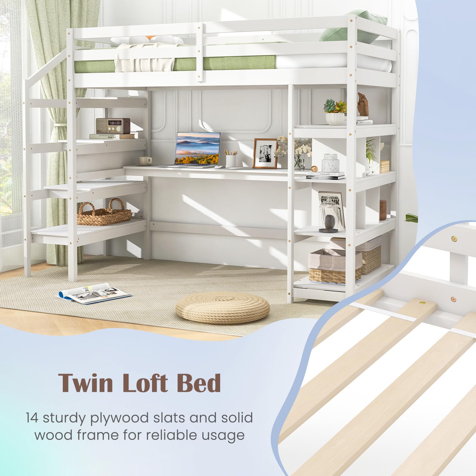 Giantex Twin Loft Bed with Desk & Storage Stairs - Solid Wood High Bed for Kids & Teens - White - WoodArtSupply