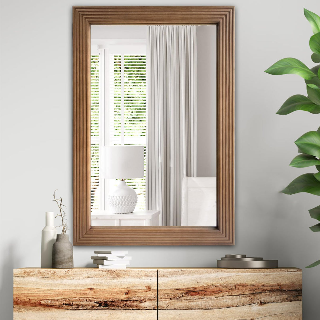 DAOYIJIAJU Rustic Wooden Framed Wall Mirror, Rectangle Wood Hanging Mirror, Farmhouse Wall Mirror for Bathroom Vanity Bedroom Living Room, Vertical or Horizontal Hanging, 36" x 24" DAOYIJIAJU