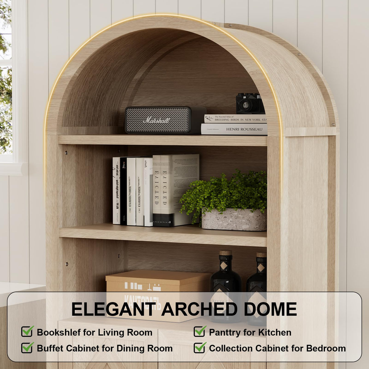 71" Tall Arched Bookcase with Storage, 5 Tier Mid-Century Modern Arched Cabinet with Doors, Farmhouse Wood Kitchen Pantry Cabinet with Open Adjustable Shelves, Bookshelf for Living Dining Room Sunny Heart