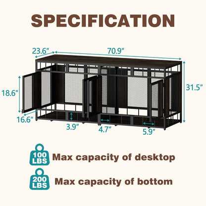 DAWNSPACES Furniture Dog Crate, 71" Heavy Duty Wood Dog Cage Kennel House Furniture with a Removable Divider, Indoor Dog Crate Table TV Stand with Double Doors for Large Medium Breed Dogs, Brown