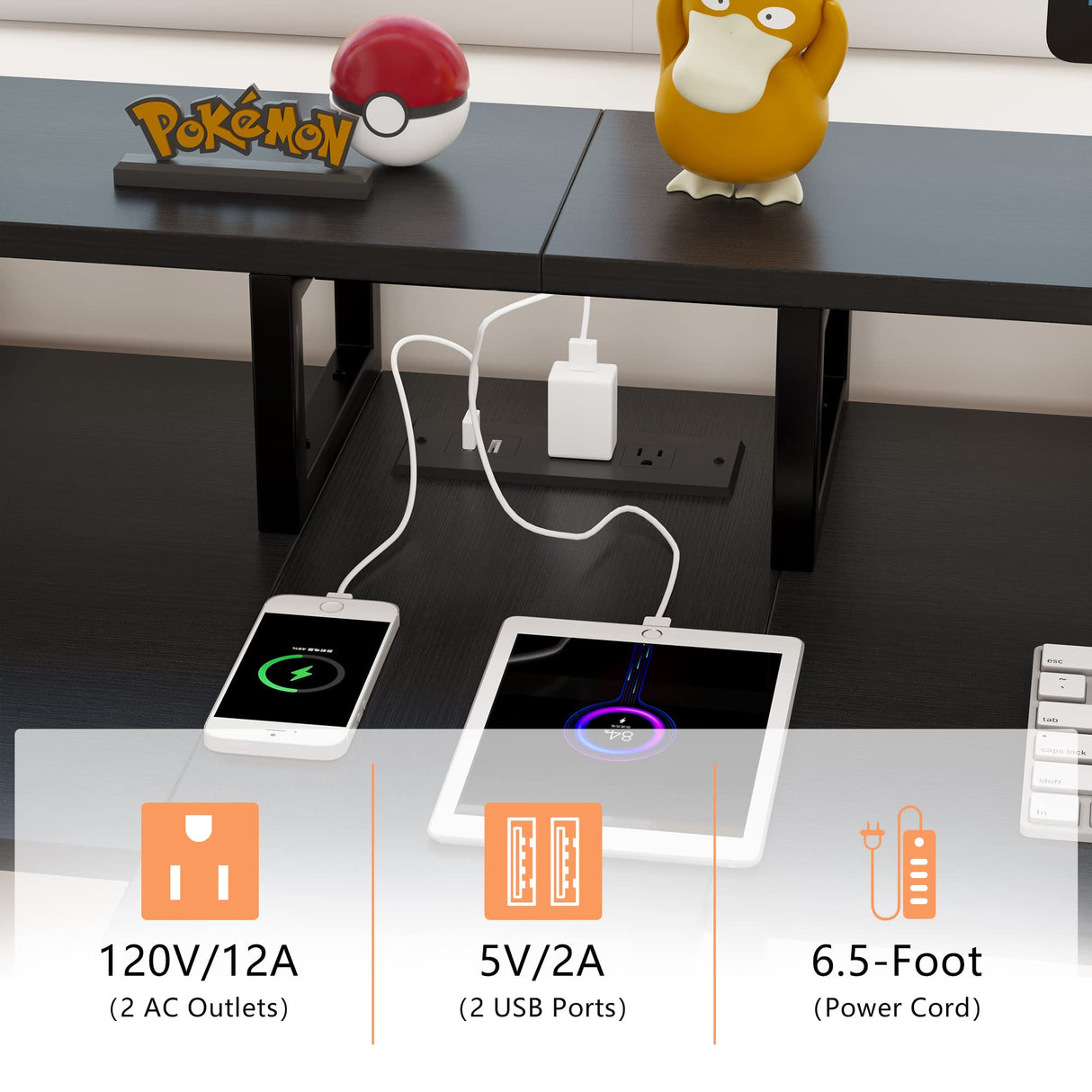 MUTUN Two Person Desk, 83.7 Inch Computer Office Double Desk with Monitor Stand and Power Outlets, Rustic Writing Desk Workstation with Shelves, Long Desk for Home Office, Black MUTUN