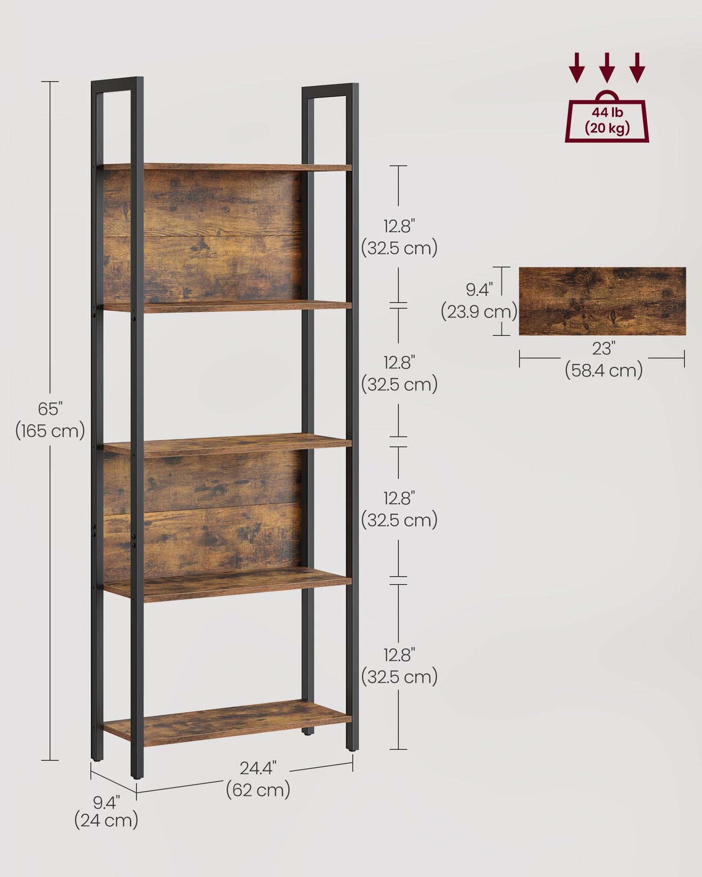 VASAGLE 5-Tier Bookshelf, Book Shelf, Industrial Bookcase, with Steel Frame, for Living Room, Home Office, Bedroom, 9.4 x 24.4 x 65 Inches, Rustic Brown and Black ULLS025B01