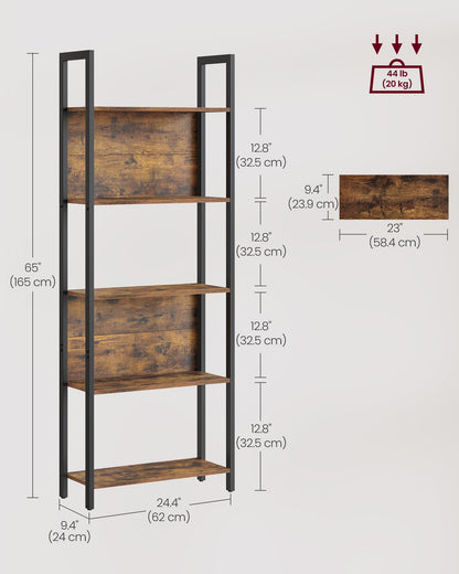 VASAGLE 5-Tier Bookshelf, Book Shelf, Industrial Bookcase, with Steel Frame, for Living Room, Home Office, Bedroom, 9.4 x 24.4 x 65 Inches, Rustic Brown and Black ULLS025B01