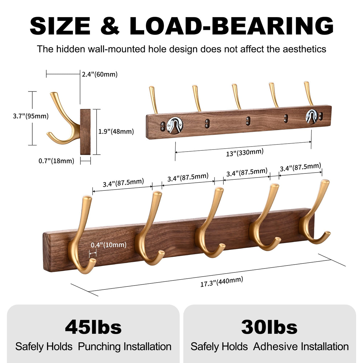 LECHYN 17.3" Small Walnut Wood Coat Rack Wall Mount with 5 Hooks, Heavy Duty Wooden Jacket Hanger Door Mounted for Decorative Entryway Bathroom Hanging Towel Backpack Purse Clothes Hat Key Gold LECHYN