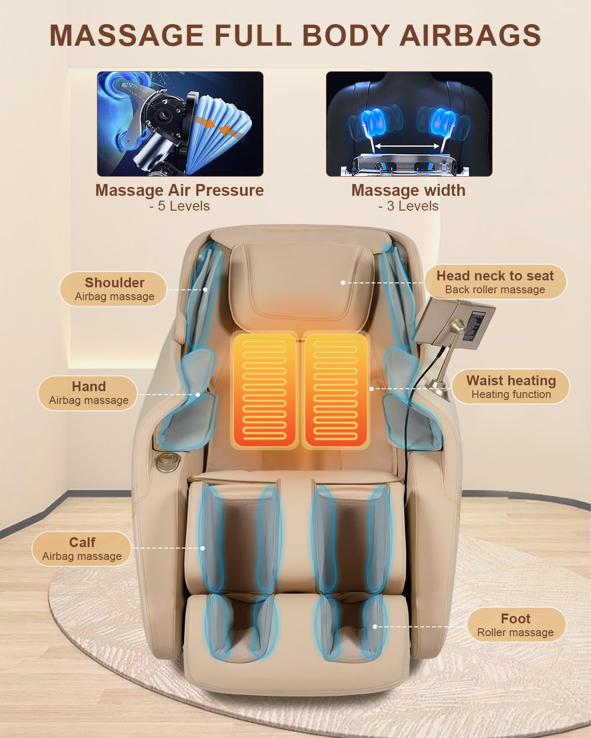 RELX 2025 Massage Chair Full Body, Zero Gravity Airbag Shiatsu Massage Chair with SL-Track, Heating, AI Control, Body Scan, 13 Modes, Foot Rollers, and Deep Yoga Stretch (Beige) RELX