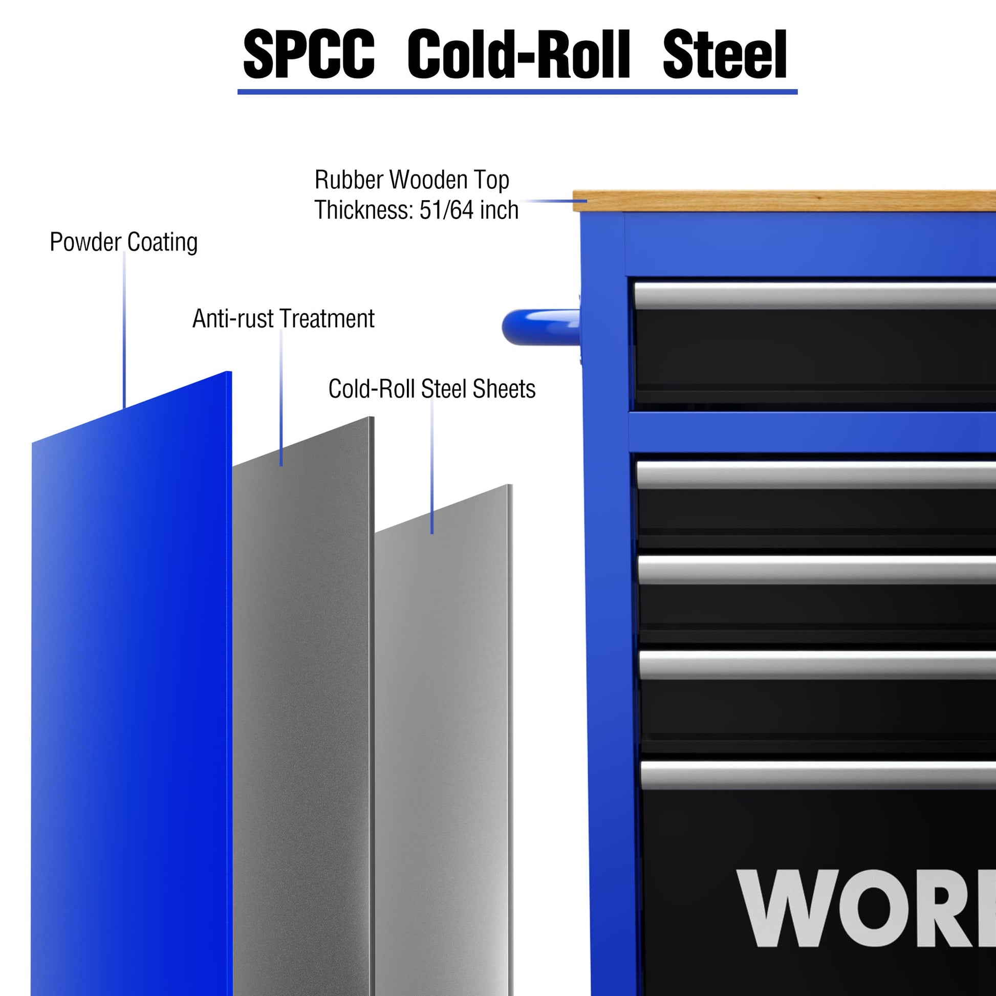 WORKPRO 42-Inch 7-Drawers Rolling Tool Chest, Mobile Tool Storage Cabinet with Wooden Top, Equipped with Casters, Handle, Drawer Liner, and Locking System, 1000 lbs Load Capacity - WoodArtSupply