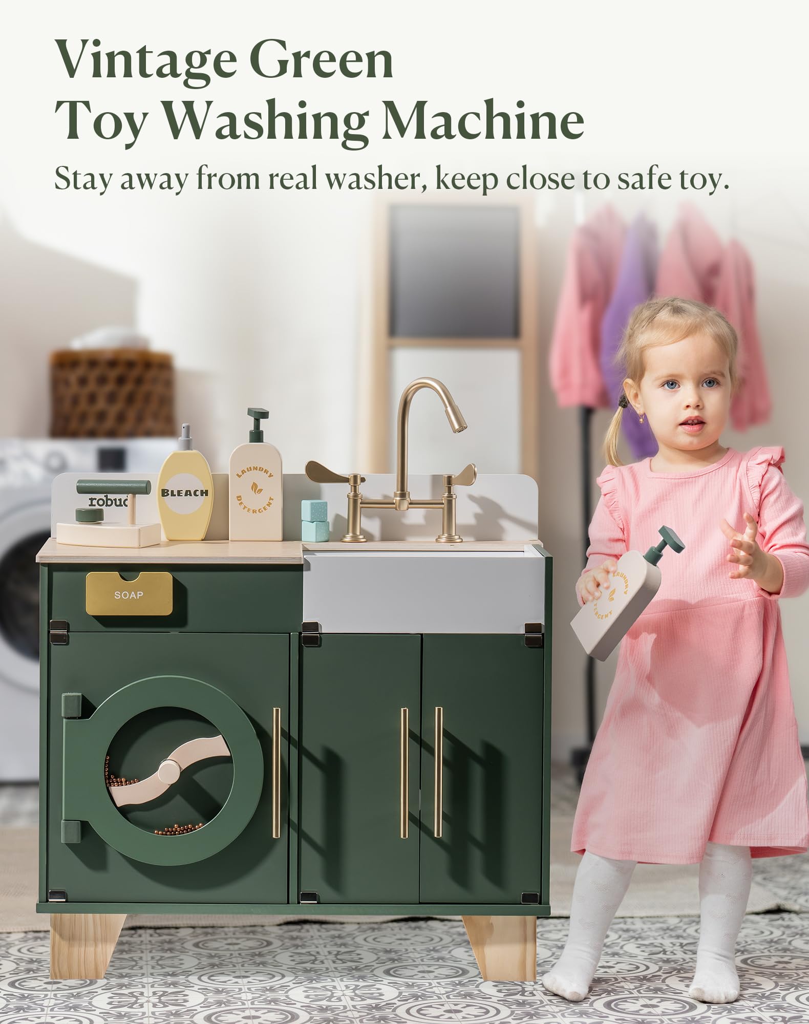 ROBUD Kids Play Kitchen Wooden Multi Function Washing Machine for Kids Kitchen Playset Pretend Toddlers Kitchen Toy Washer with Accessories Perfect Baby Gift for Ages 3 8 WoodArtSupply