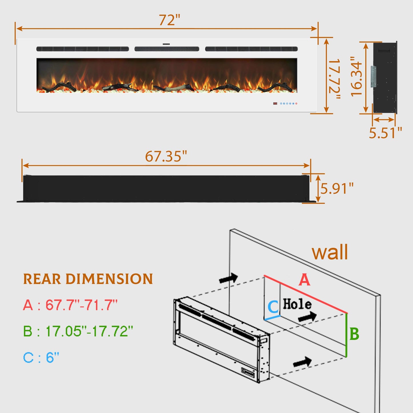 Kentsky 72 inches Electric Fireplace Inserts, Recessed and Wall Mounted Fireplace Heater, Linear Fireplace w/Thermostat, Touch Screen, Multicolor Flame, Timer, Log & Crystal, 750W/1500W, White