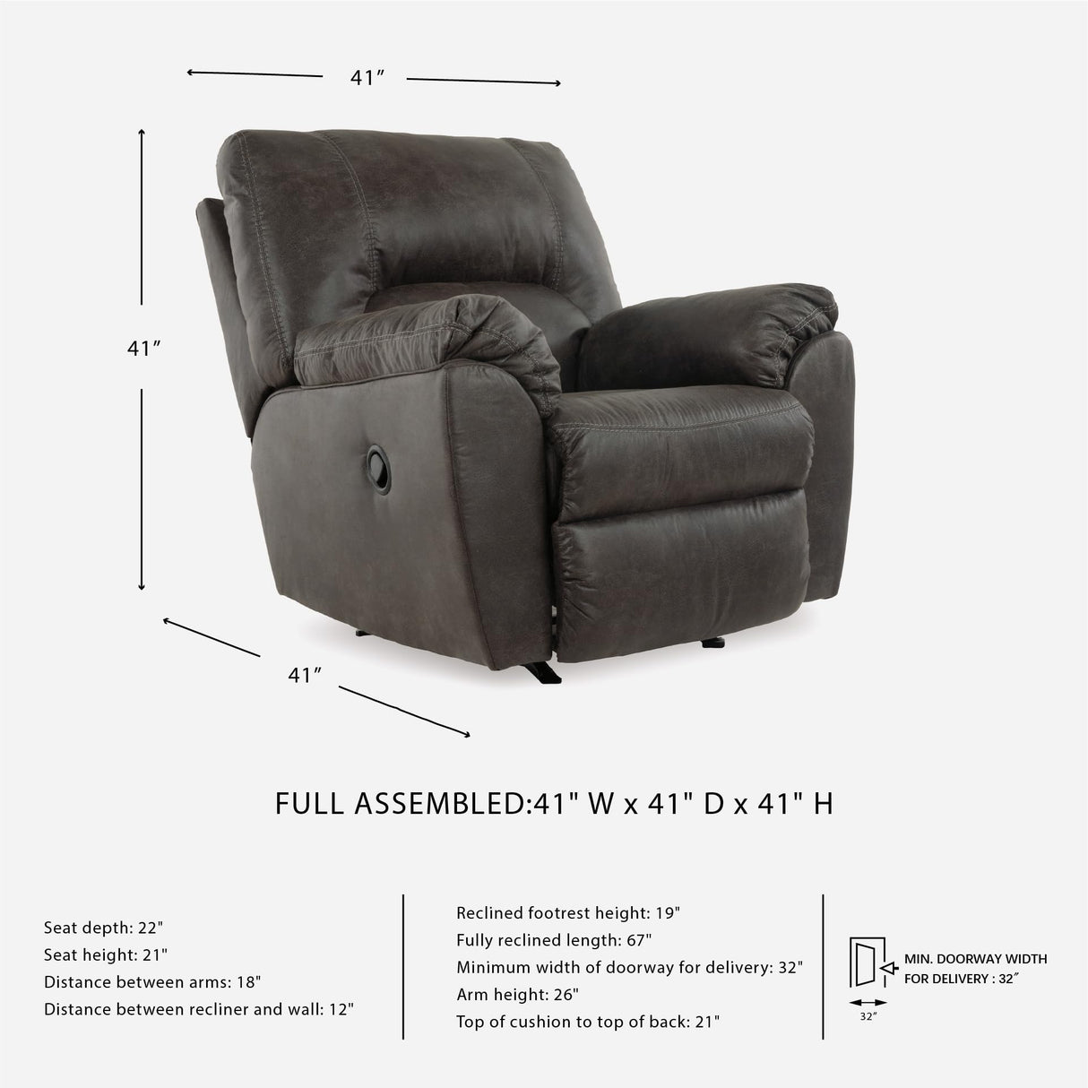 Signature Design by Ashley Tambo Faux Leather Manual Rocker Recliner, Gray Signature Design by Ashley