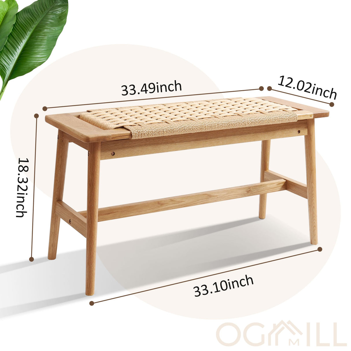 33.5" L Wood Dining Bench Indoor, 100% Natural Solid Oak Bed Bench Hand Woven Enterway Bench Small Bench for Dining Room, Bedroom, Kitchen (Natural) OGMILL
