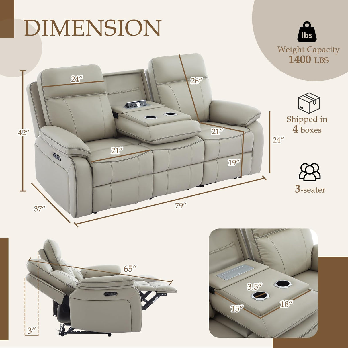 Neptane Power Reclining Sofa with Fold Down Table, Breathable Leather Electric Reclining Couch, Power Loveseat Recliner Sofa with Cup Holders/Outlets/USB-C/A Ports for Living Room(Grey, 3 Seat) Neptane