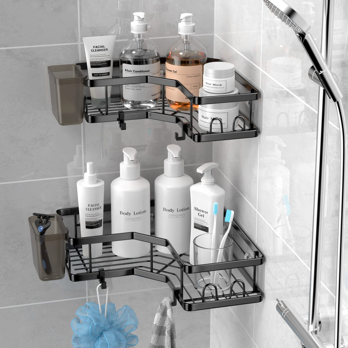 AKTECKE Corner Shower Caddy, 2 Pack Adhesive Shower Corner Organizer Shelves, No Drilling Stainless Steel Shower Storage Rack with Hooks&Toothpaste Holder for Bathroom, Dorm and Kitchen AKTECKE