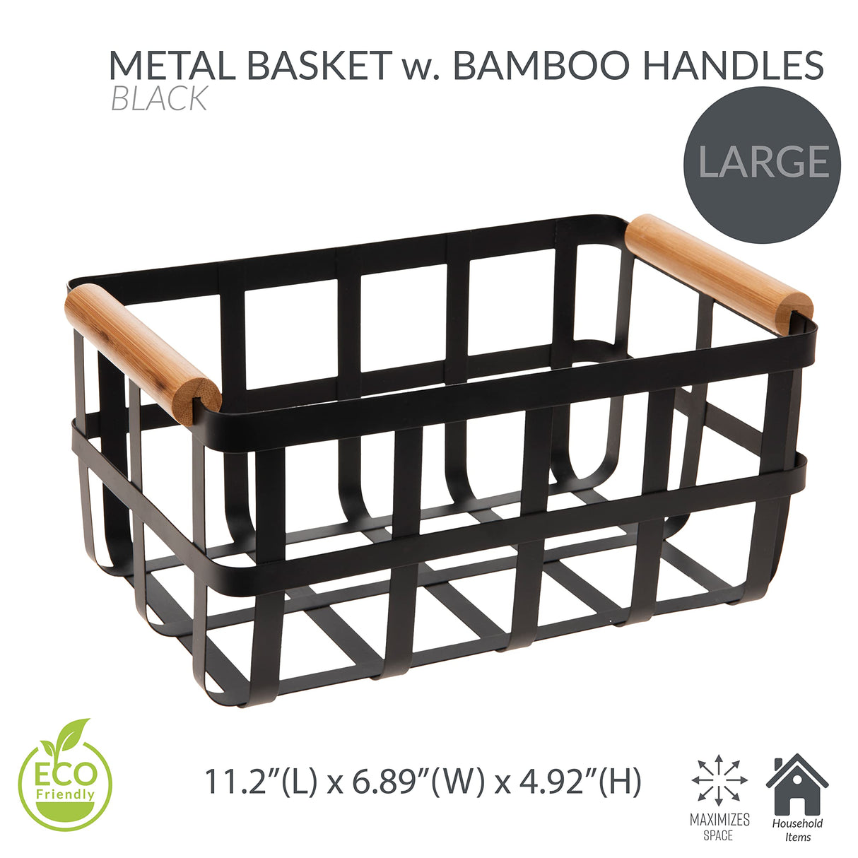Simplify Rectangular Metal Storage Basket with Bamboo Handles | Large | Farmhouse Style Wire Basket | Home Organizer | Decorative | Rustic | Black Simplify