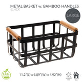 Simplify Rectangular Metal Storage Basket with Bamboo Handles | Large | Farmhouse Style Wire Basket | Home Organizer | Decorative | Rustic | Black Simplify