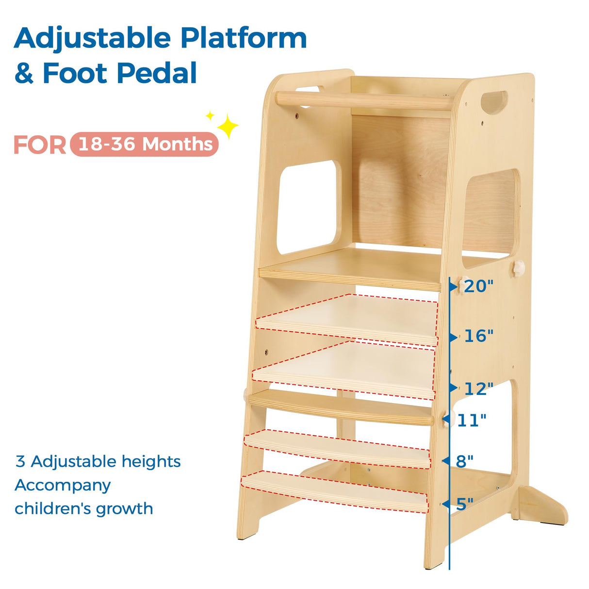 Bateso Basic Wooden Toddler Tower with Detachable Net, 3 Adjustable Height Toddler Kitchen Stool with Non-Slip Mats, Step Stool for Toddler, Toddler Step Stool for Kitchen Counter, Bathroom Sink Bateso