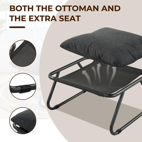 Grand patio Outdoor Lounge Chair with Ottoman, Comfy Sling Recliner Chair with Puffy Cushion and Foot Stool, Modern Patio Lounge Set for Porch Deck Garden, Dark Gray Grand patio