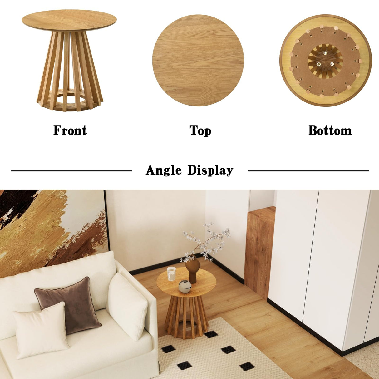 DUOMAY Modern Solid Wood Round Side Table with Geometric Base, Natural Wood Accent End Table Center Table for Living Room, Bedroom, Lounge, Office, Log Color DUOMAY