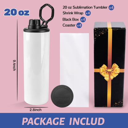 Joyclub 4 Pack Sublimation Water Bottle Blanks 20 oz Sublimation Tumblers with Handle Sports Skinny Insulated Tumblers Bulk