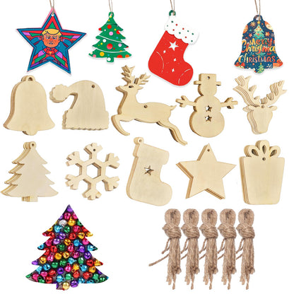 50pcs Christmas Wooden Ornaments for Crafts, 10 New Styles Unfinished Wood Slice Ornaments, Wooden Christmas Ornaments to Paint, Christmas Tree Hanging Ornaments Wood Christmas Decoration DIY Crafts